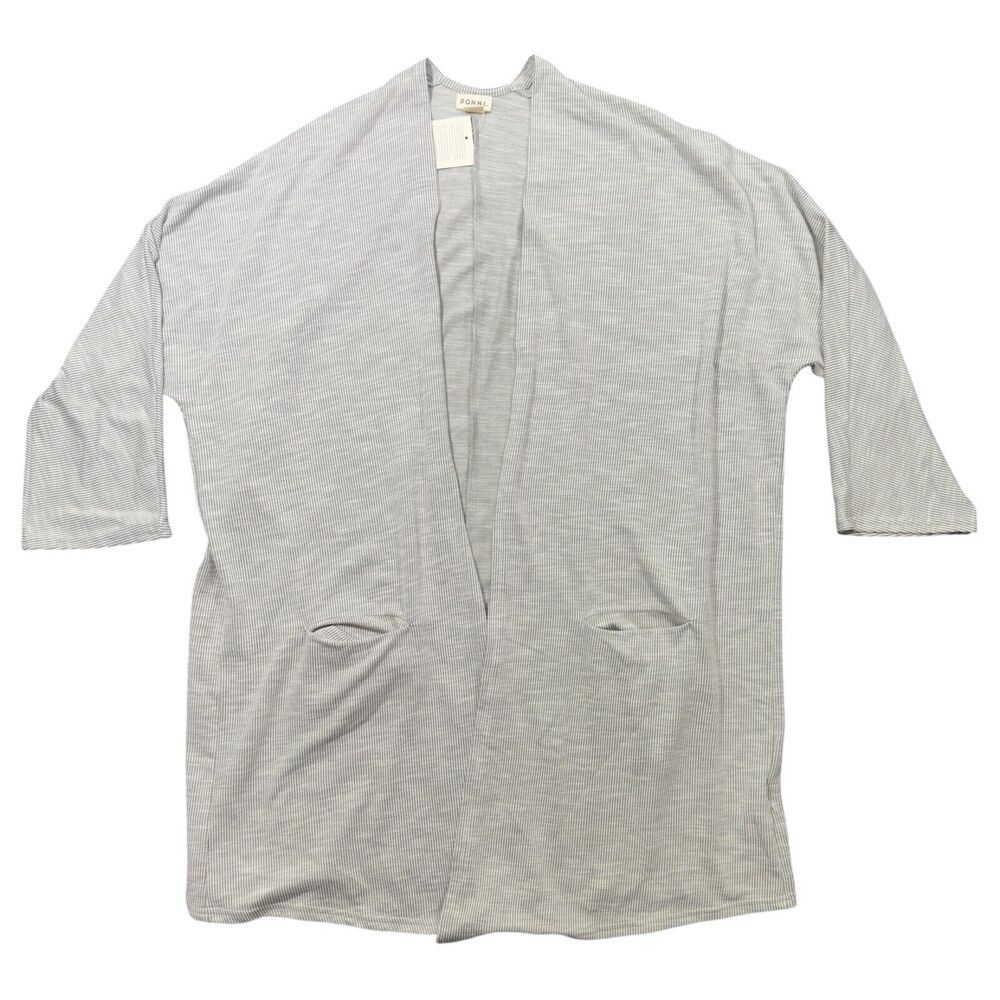 Donni Sweater Women's One Size Gray Rib Pockets Long Open Front Duster Cardigan